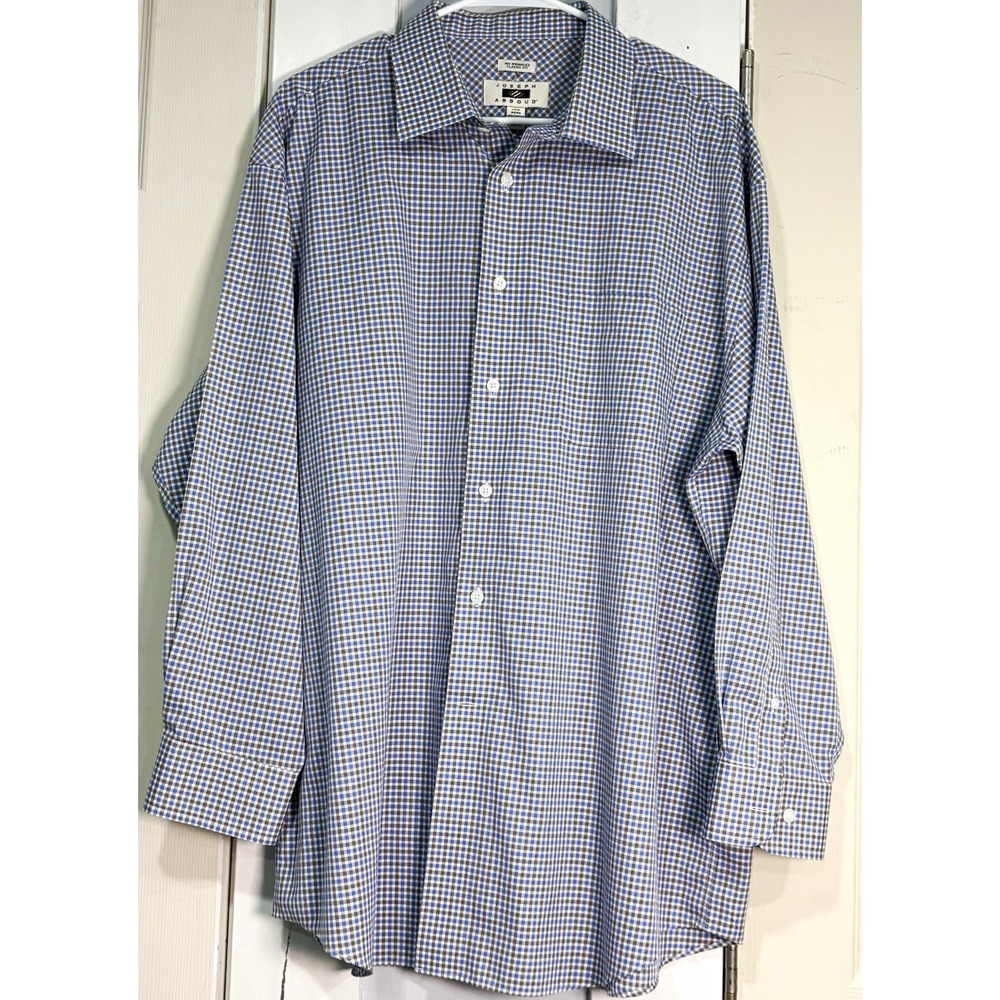 Joseph Abboud Men's 17.5 32/33 Blue Brown Check Dress Shirt Classic Fit Cotton